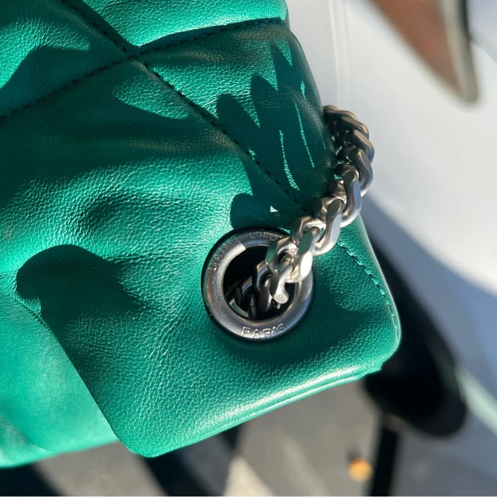 Saint Laurent Lambskin Quilted Loulou Puffer Chain Satchel Green Field Bag - Picture 7 of 8